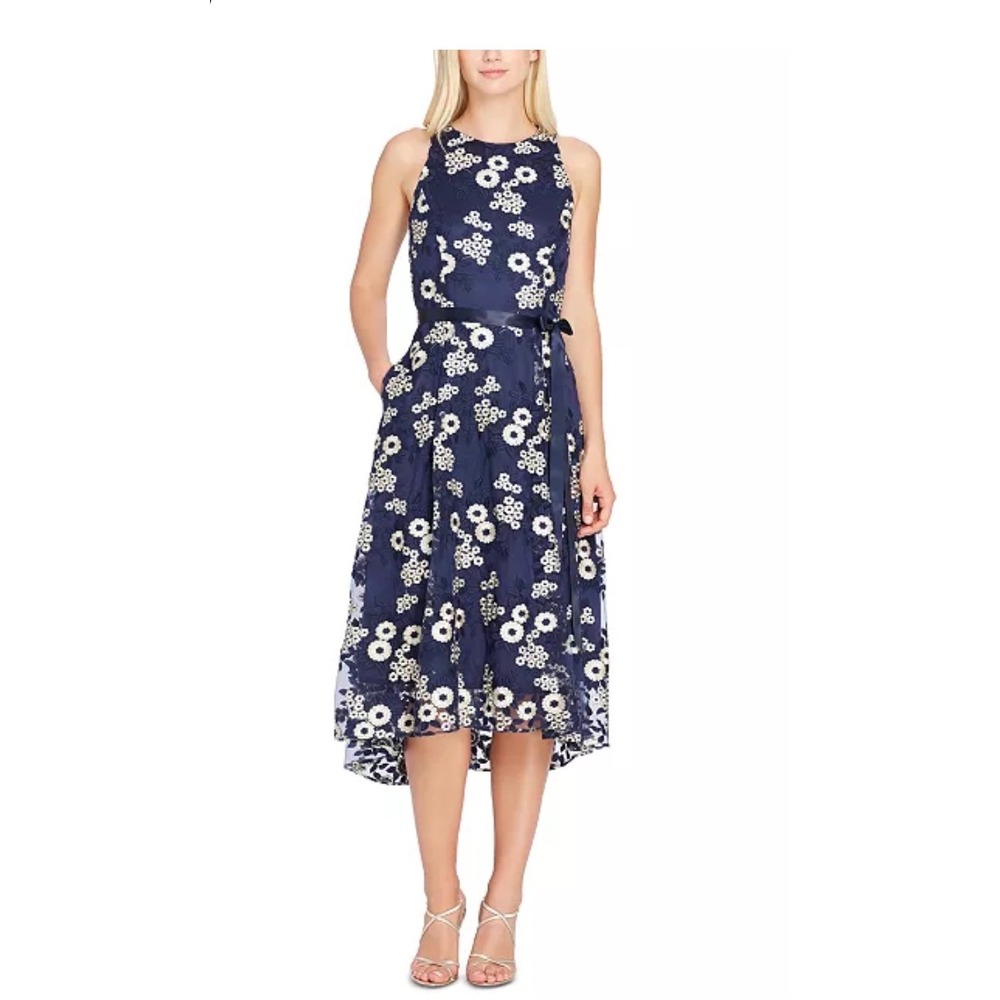 Tahari Arthur S Levine Navy Blue Floral Embroidered High Low Midi Dress Size 6